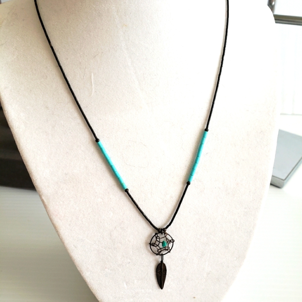 Black and Turquoise Dreamcatcher Necklace